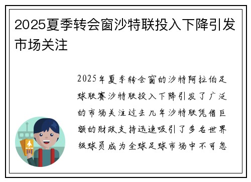 2025夏季转会窗沙特联投入下降引发市场关注 2025夏季转会窗沙特联投入下降引发市场关注